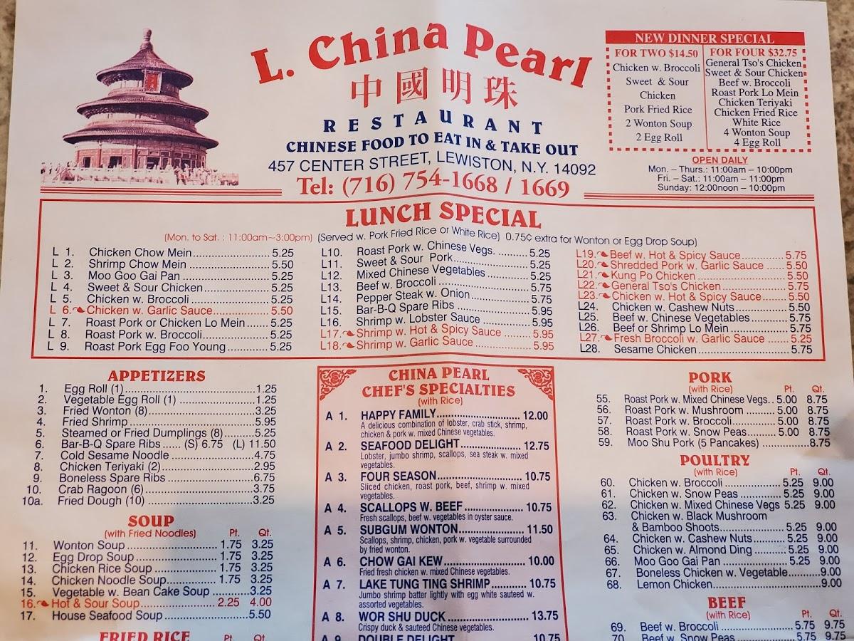 Menu at China Pearl restaurant, Lewiston