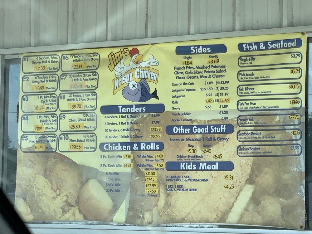 Menu at Jim's Krispy Fried Chicken restaurant, Bellmead