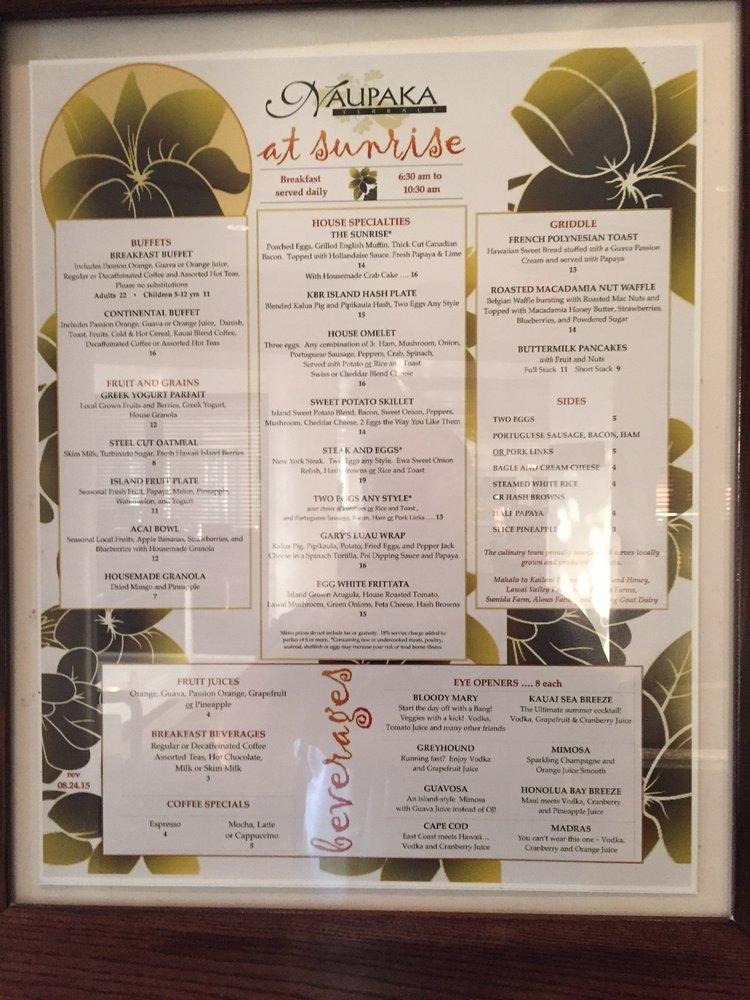 Menu at Naupaka Terrace Restaurant, Lihue, Kauai Beach Dr