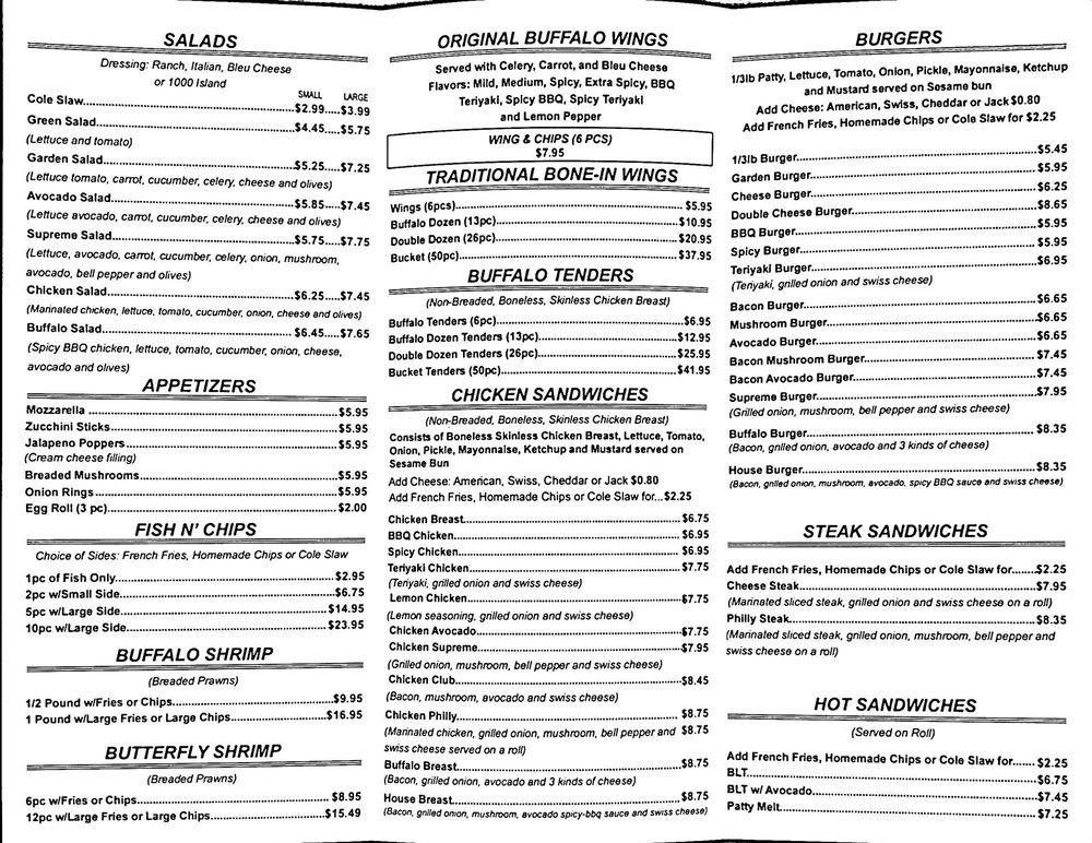 Menu at Original Buffalo Wings Restaurant, Petaluma
