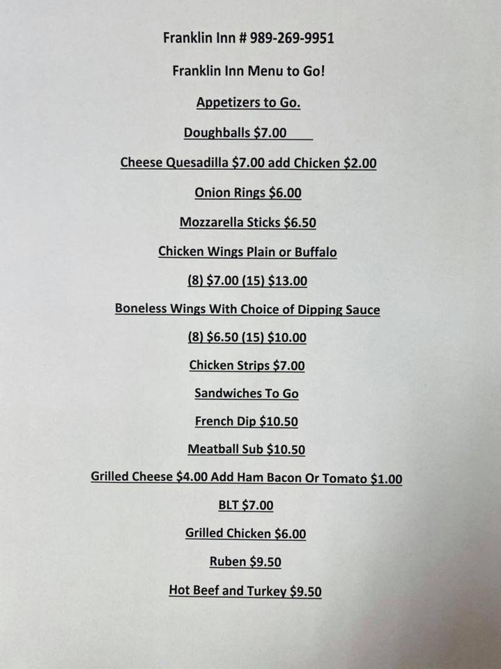 Menu at Franklin Inn & Lounge restaurant, Bad Axe, E Huron Ave