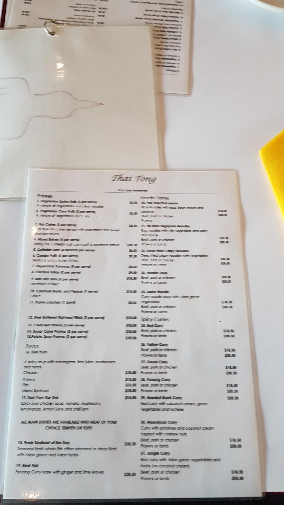 Menu at Thai Tong Restaurant, Yandina