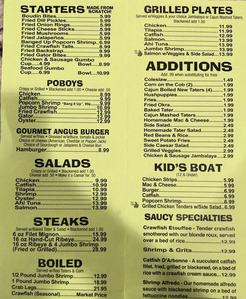 Menu at Catfish Charlie's restaurant, Monroe, Louisville Ave