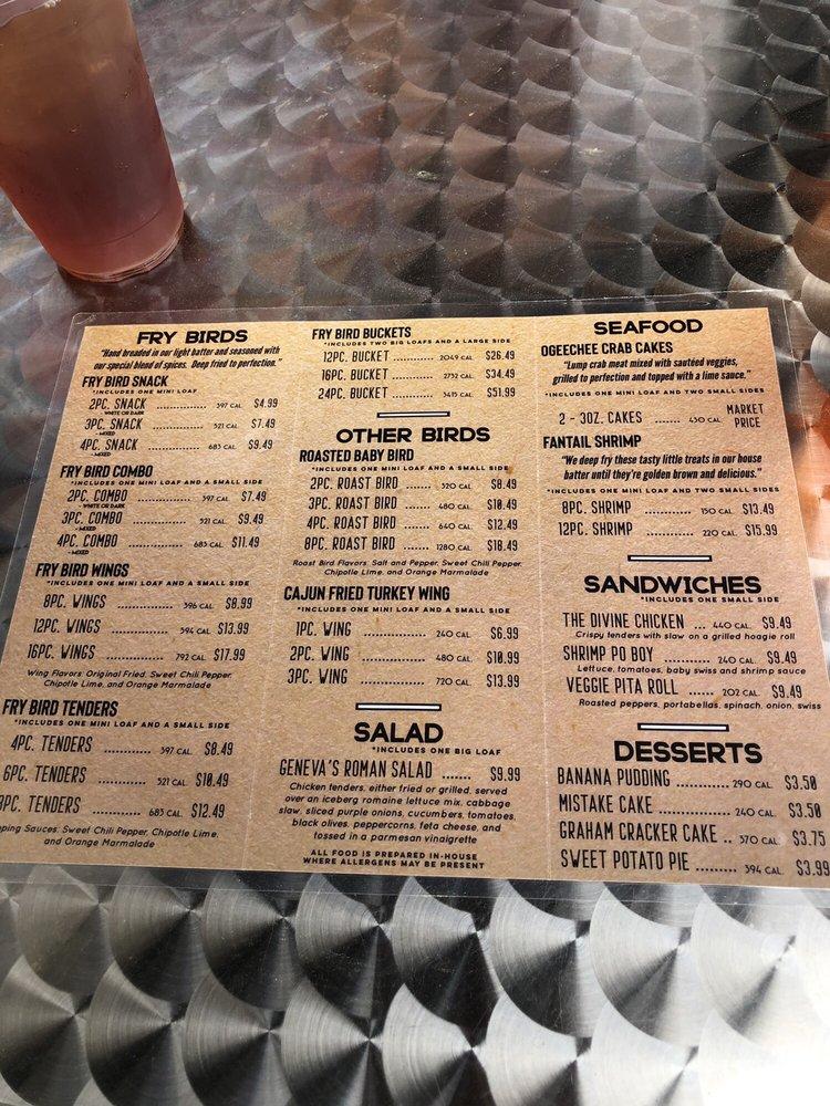 Menu at Geneva's Famous Chicken and Cornbread Co. restaurant, Savannah