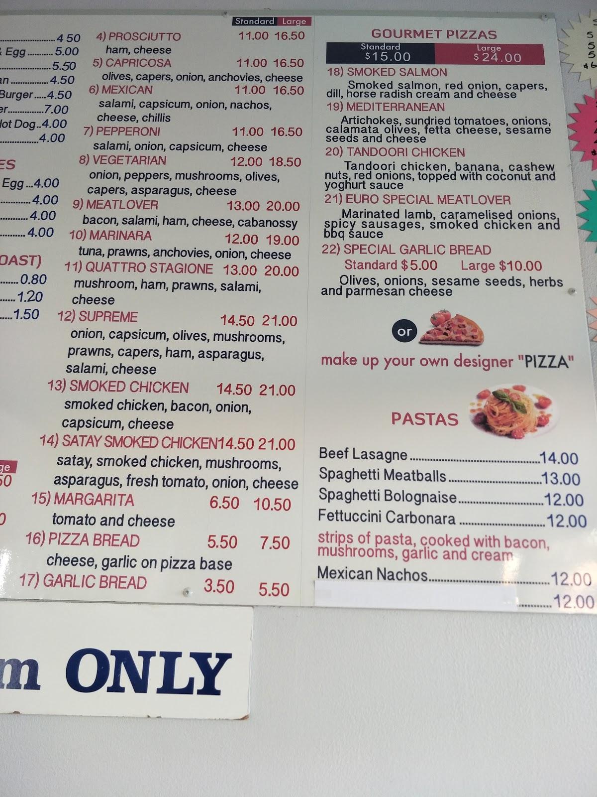 Menu at Euro Pizza Takeaway pizzeria Auckland