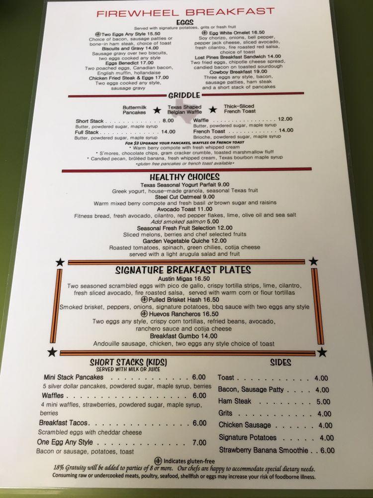 Menu at Firewheel Cafe at Hyatt Regency Lost Pines Resort and Spa, Wyldwood