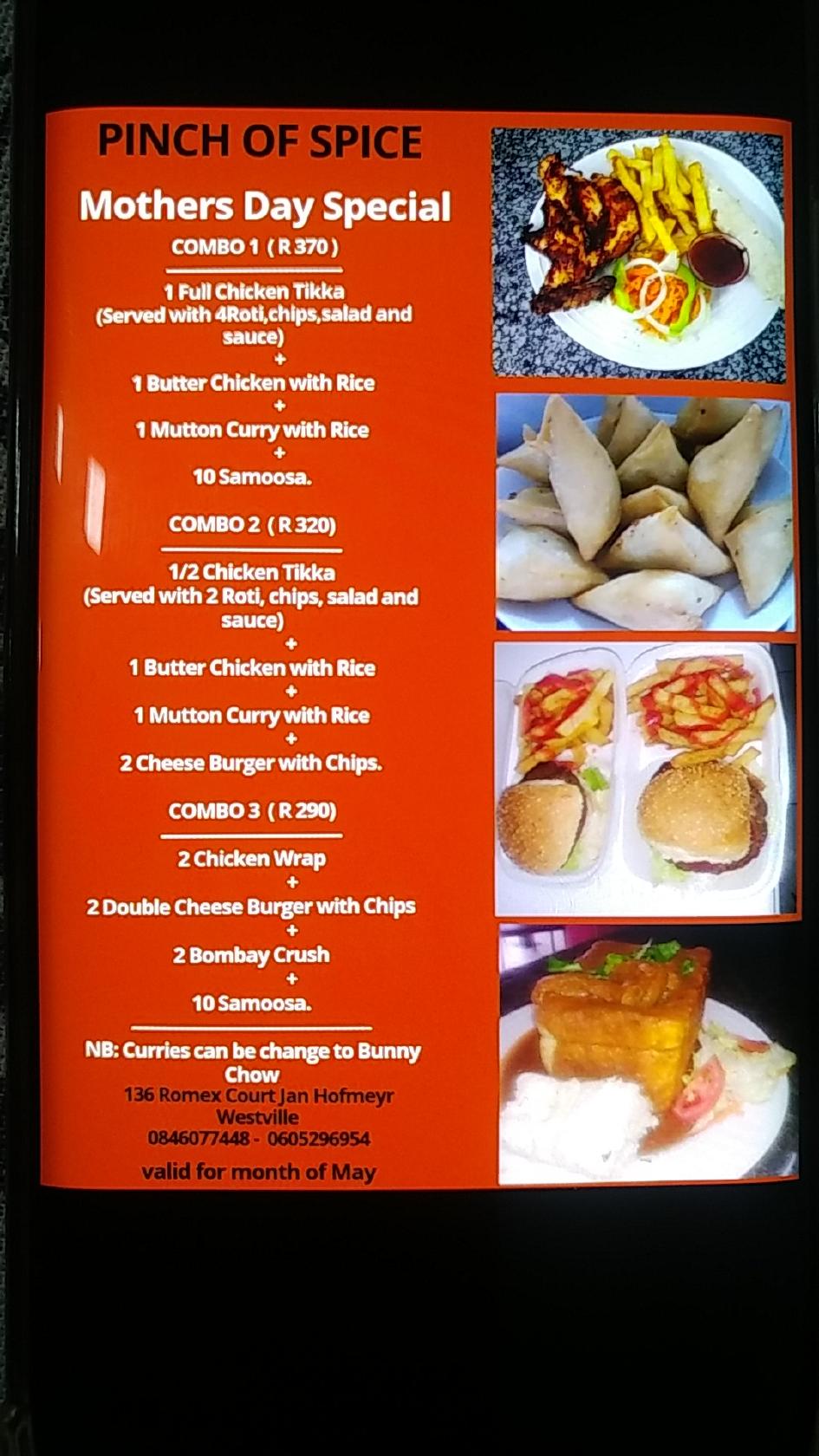 Menu at Pinch of Spice restaurant, Westville