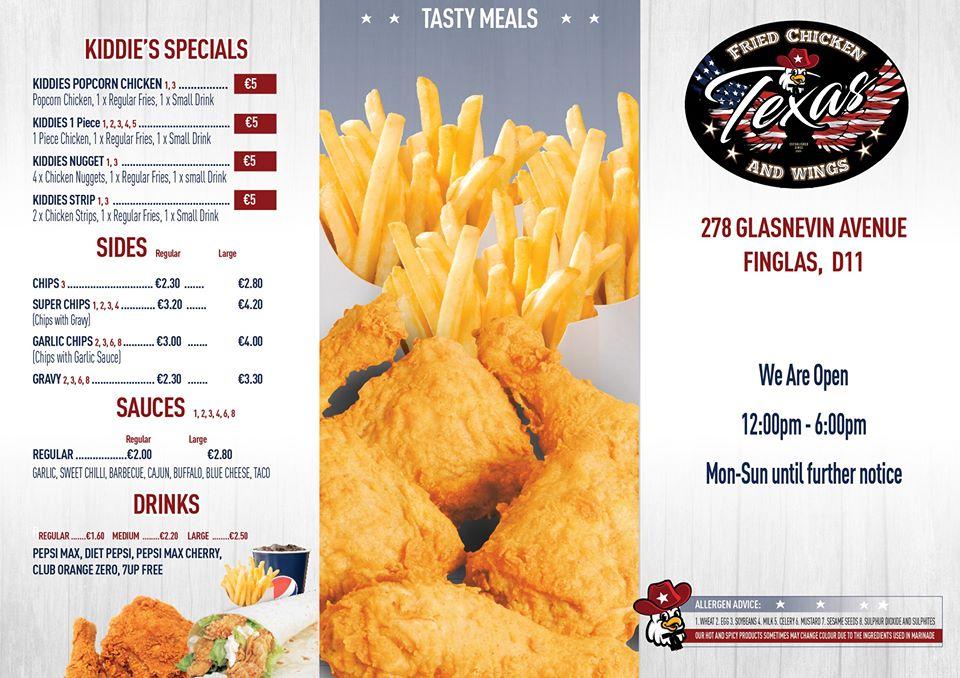 Menu at Texas Fried Chicken & Wings restaurant, Dublin, 278 Glasnevin Ave