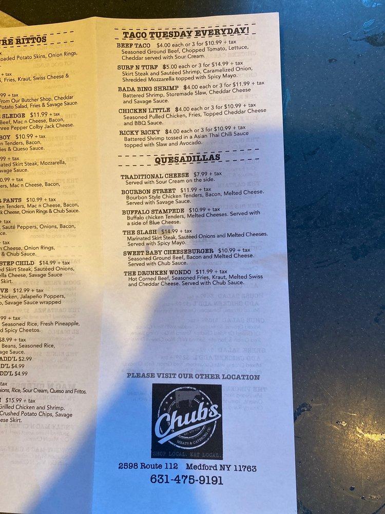 Menu at Chubs Burgers Burritos and Heroes restaurant, Farmingville