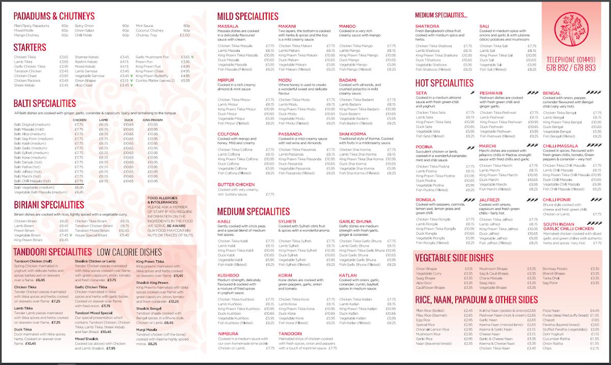 Menu at Cinnamon Tree restaurant, Stowmarket