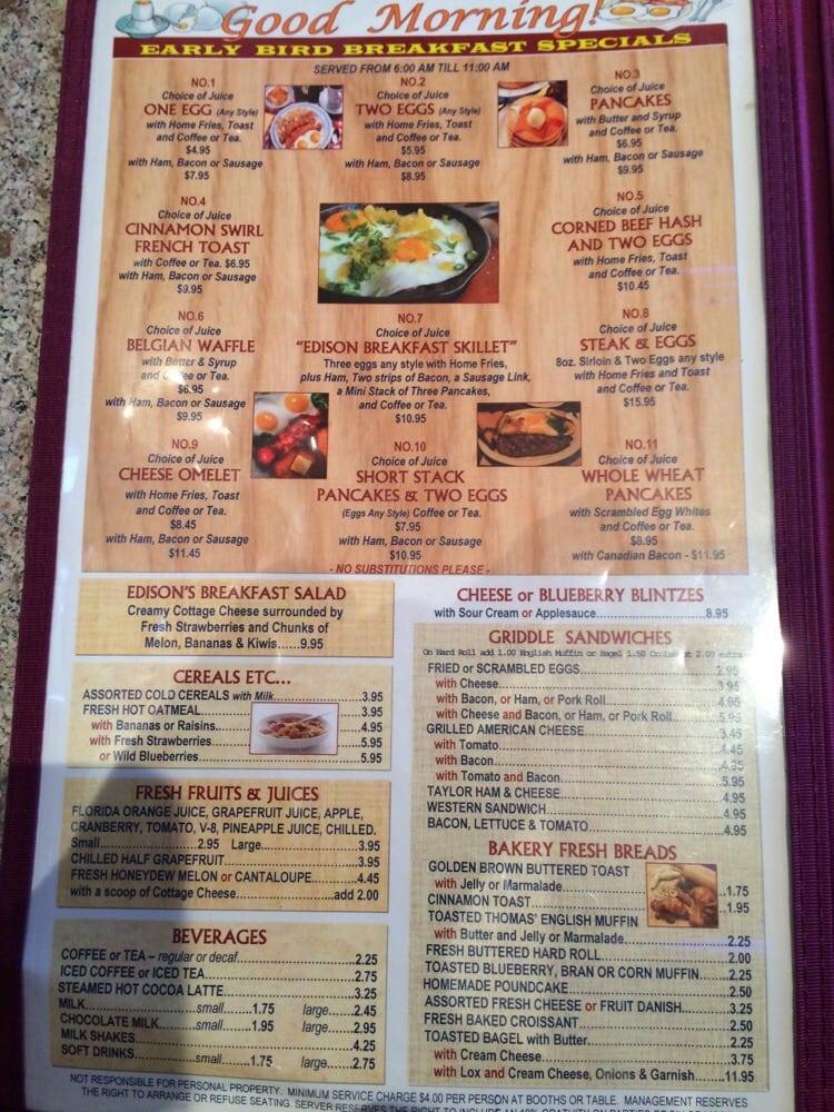 Menu at The Edison Diner restaurant, Edison
