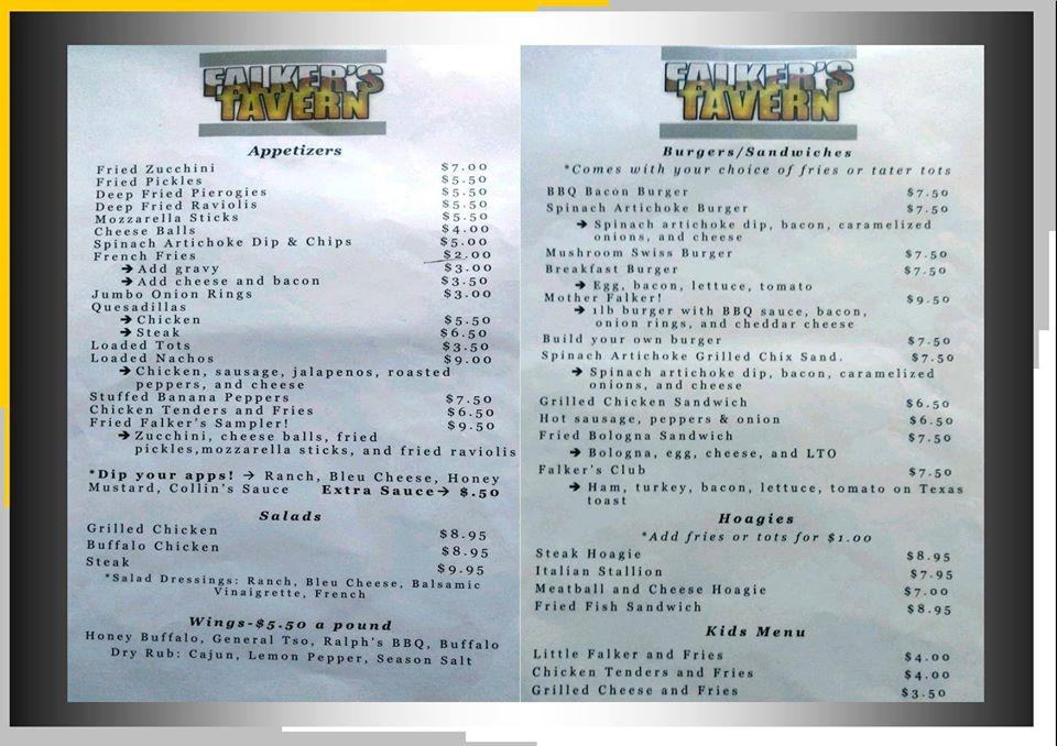 Menu at Falker's Tavern pub & bar, Clairton
