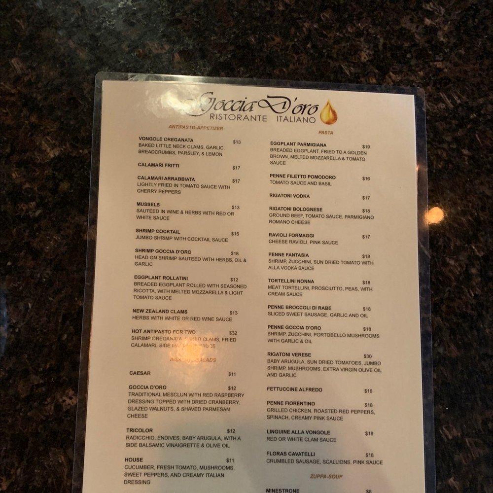 Carta de Goccia D'Oro Italian Restaurant, Lindenhurst