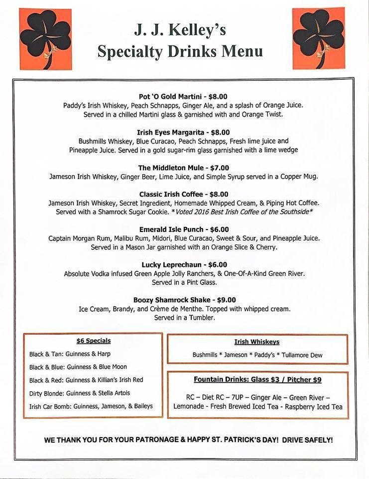 Menu at Jj Kelley's pub & bar, Lansing