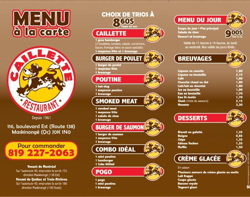 Menu de Restaurant La Caillette