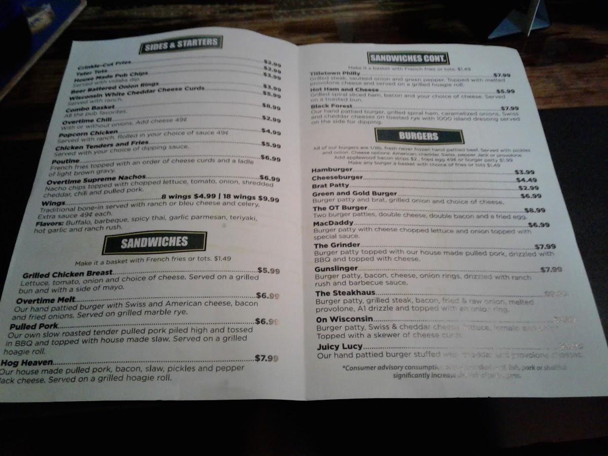 Menu At Overtime Grill & Pub, Green Bay