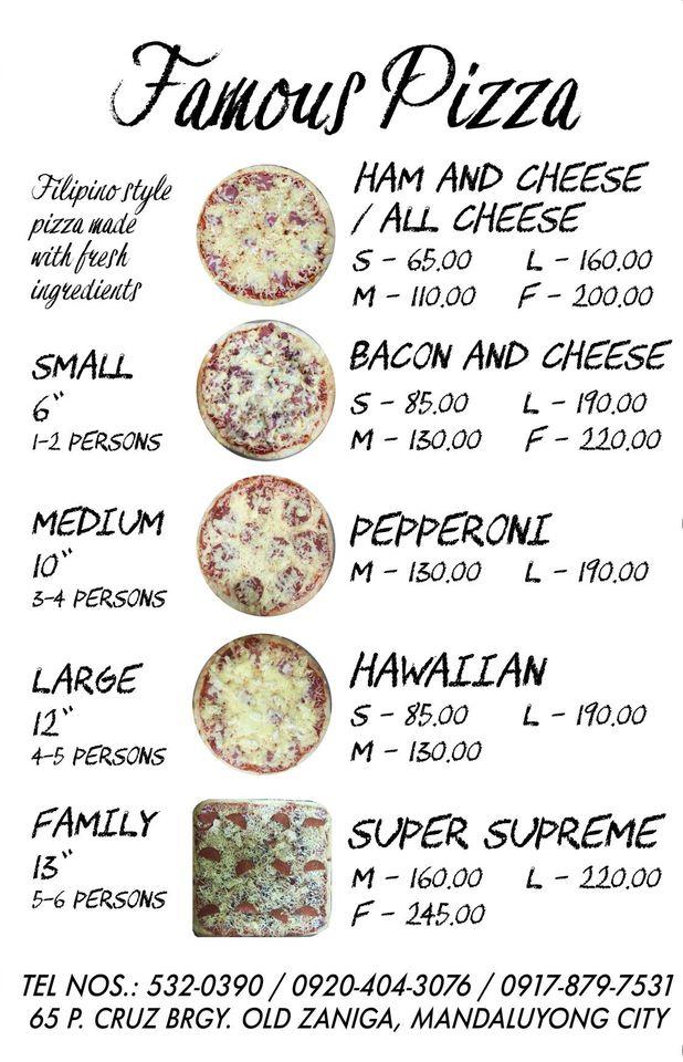Menu at Famous J's pizzeria, Mandaluyong