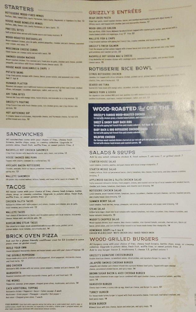Menu at Grizzly's WoodFired Grill restaurant, Plymouth