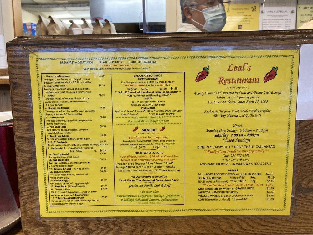 Menu at Leal's Mexican Restaurant, Woodway, Panther Dr