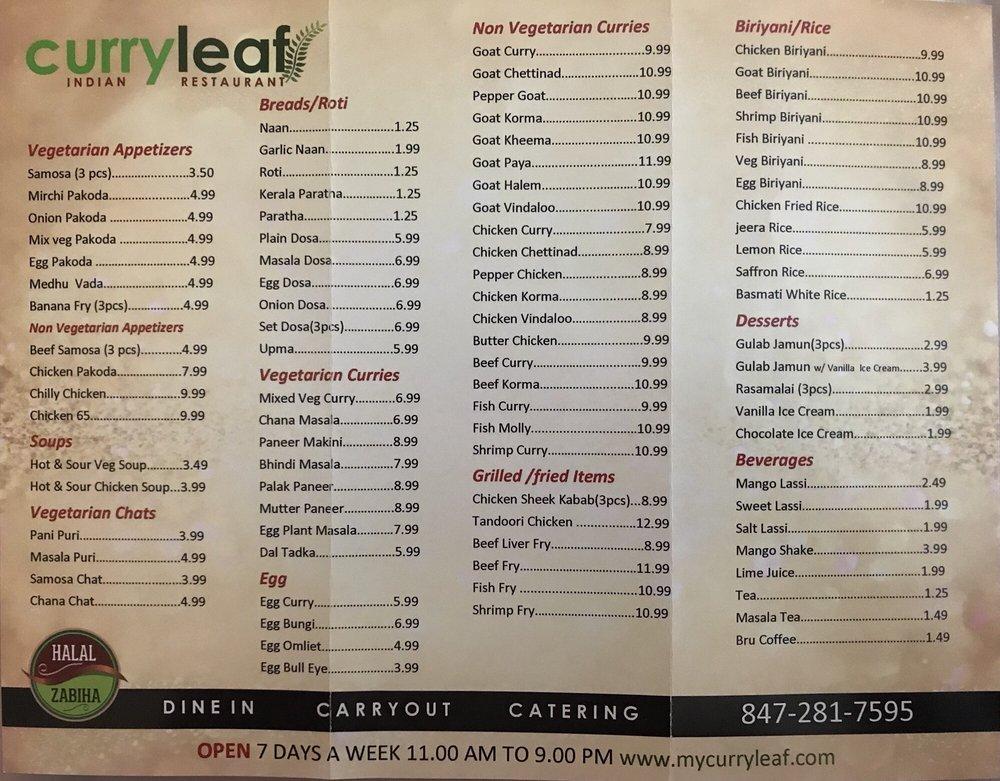 Menu at Curry Leaf Indian Restaurant, Libertyville