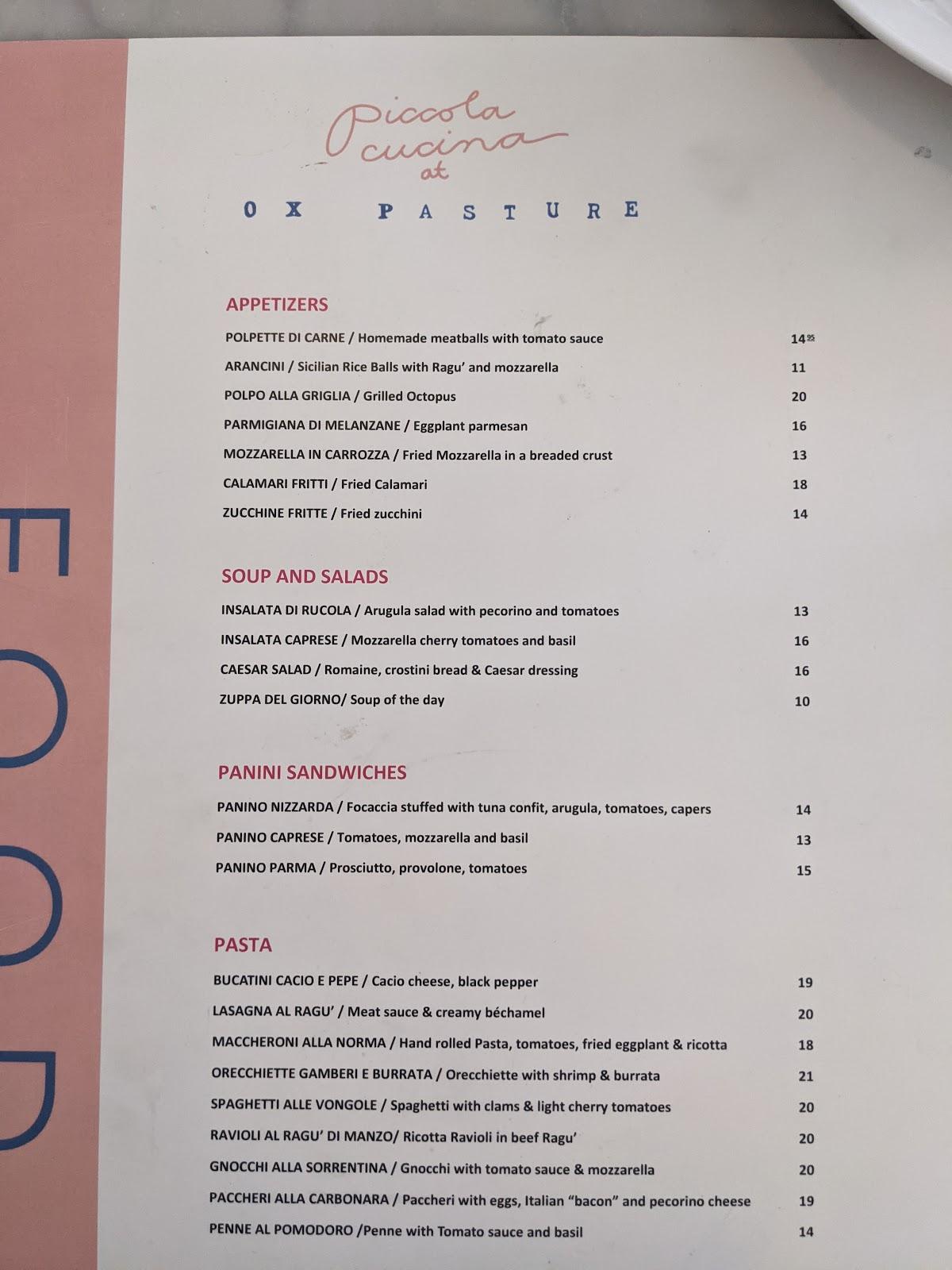 Menu at Piccola Cucina Ox Pasture restaurant, Red Lodge