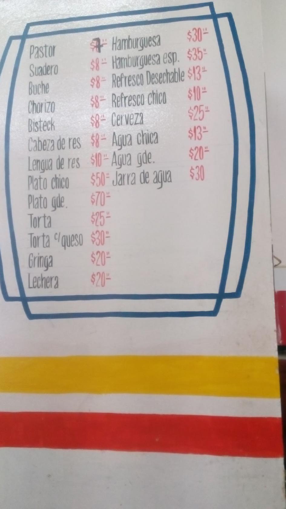 Menu at Taqueria HORTA restaurant, Jesús María