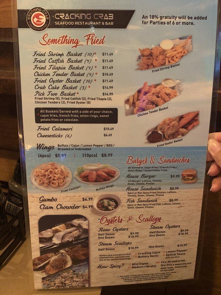 Menu at Cracking Crab restaurant, Pensacola