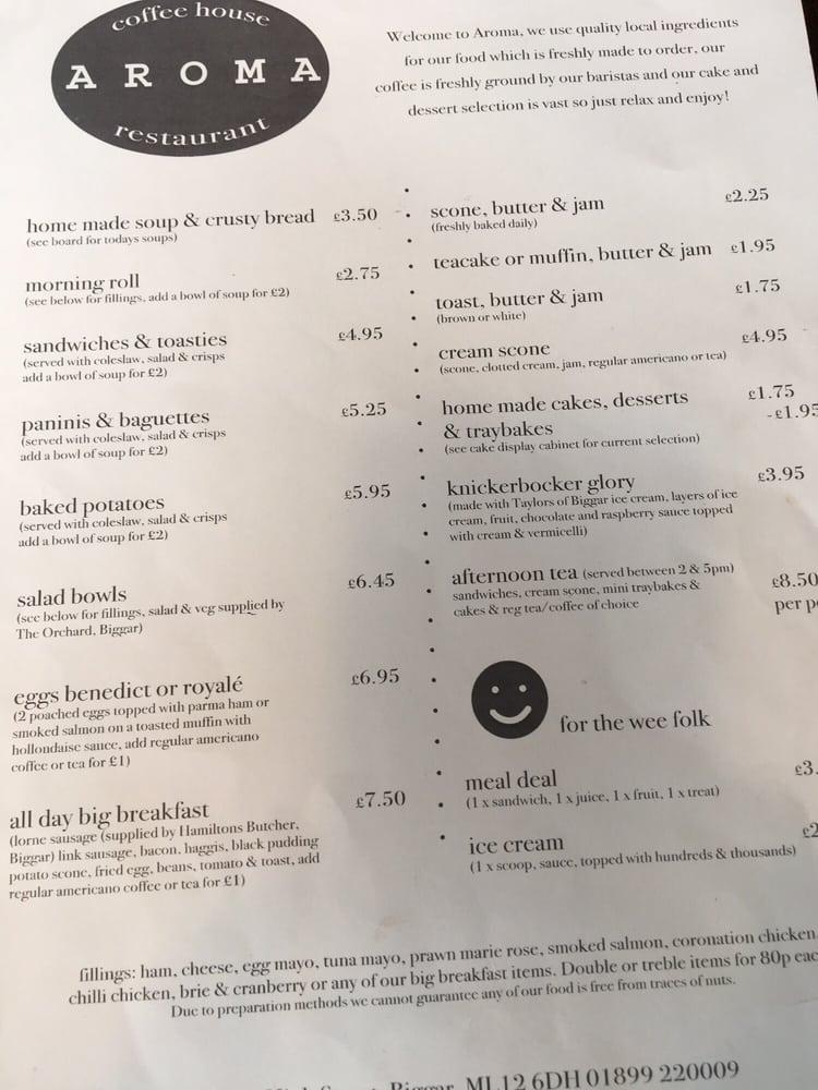 Menu at Aroma cafe, Biggar