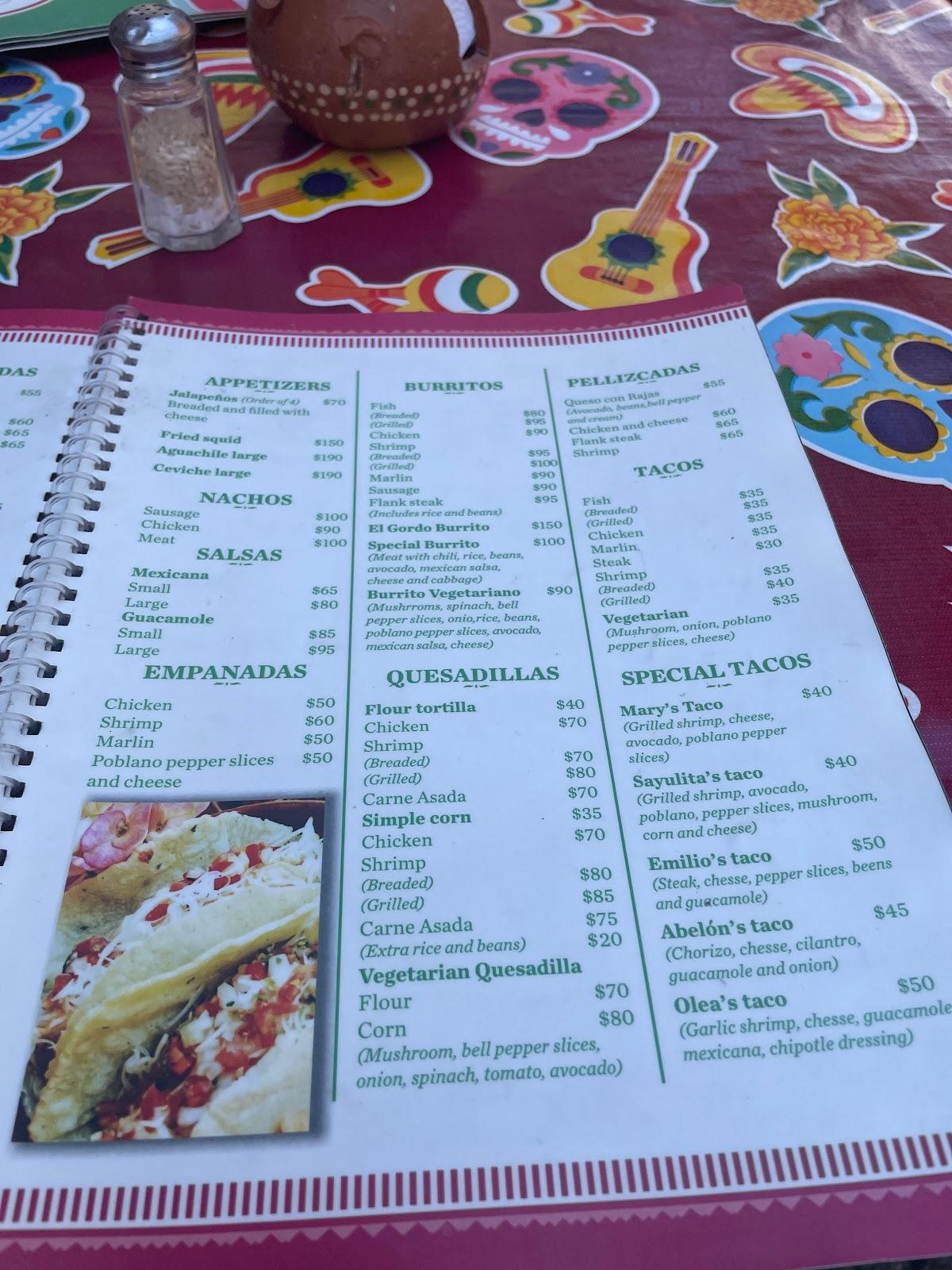 Menu at Marys Traditional Mexican Cuisine restaurant, Sayulita