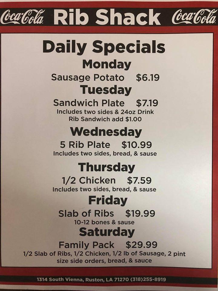 Menu at Rib Shack pub & bar, Ruston