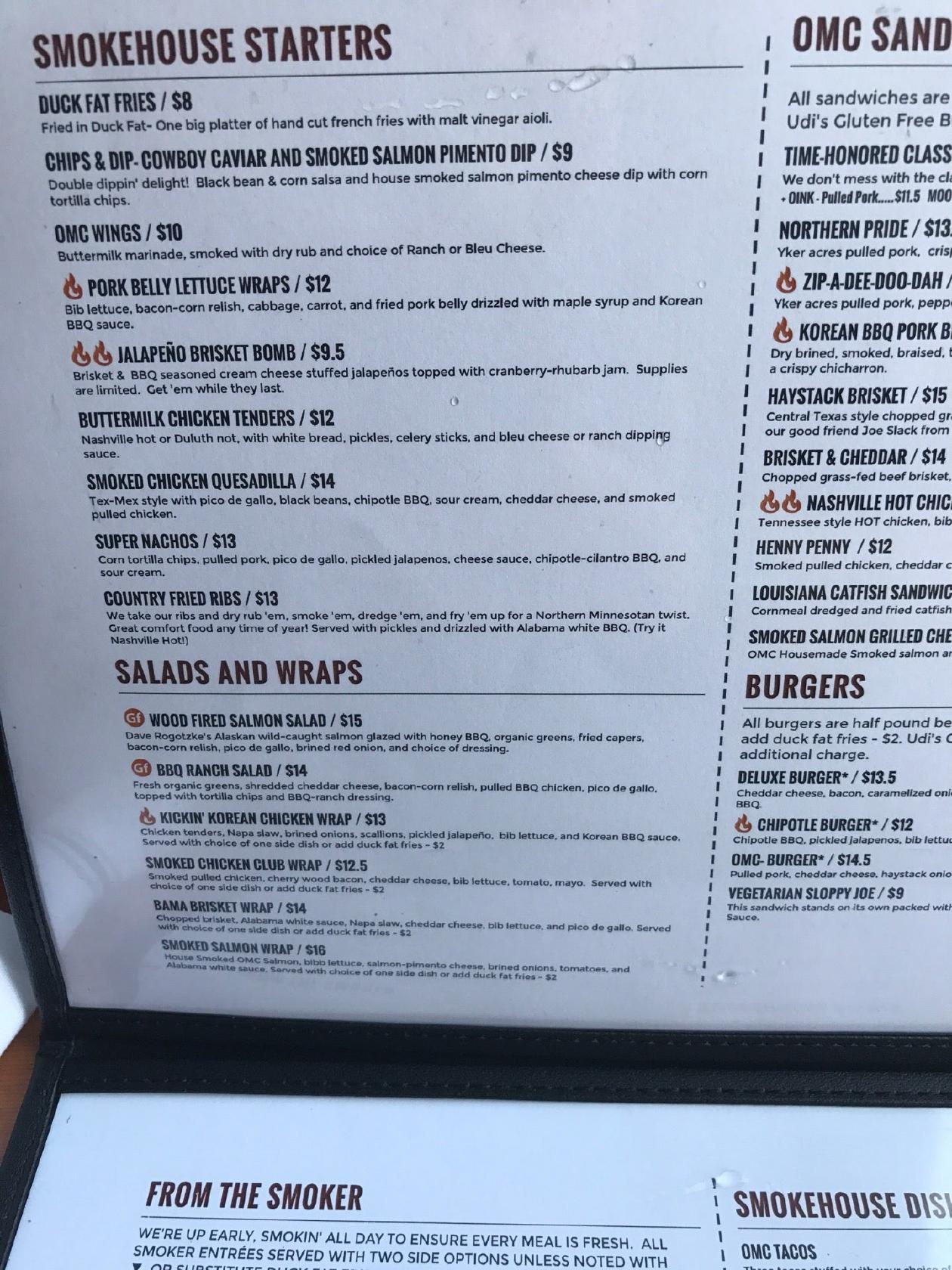 Menu at OMC Smokehouse restaurant, Duluth