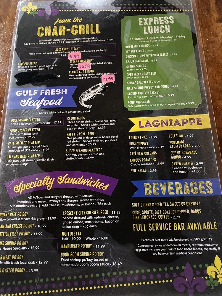 Menu at Cafe New Orleans, D'Iberville