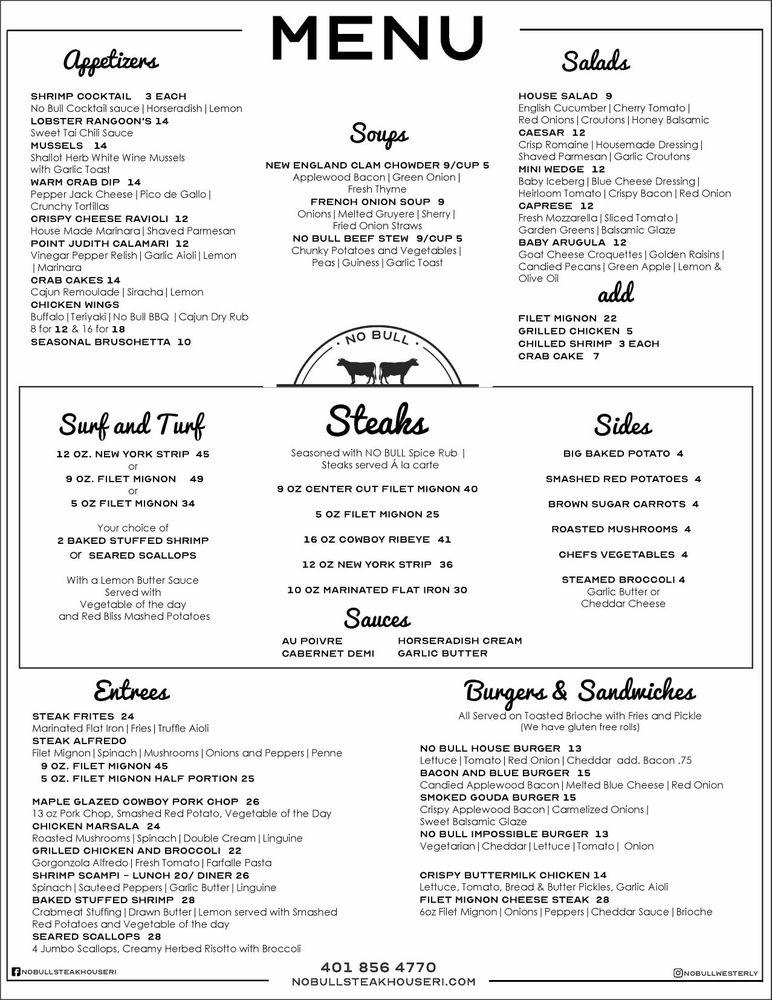 Menu at No Bull Steak House & Pub, Westerly