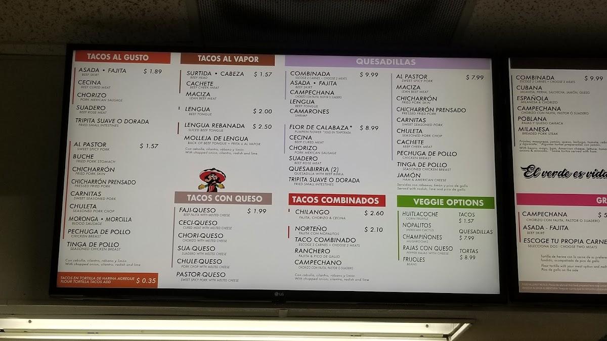 Menu at Tacos de Cabeza restaurant, Plano