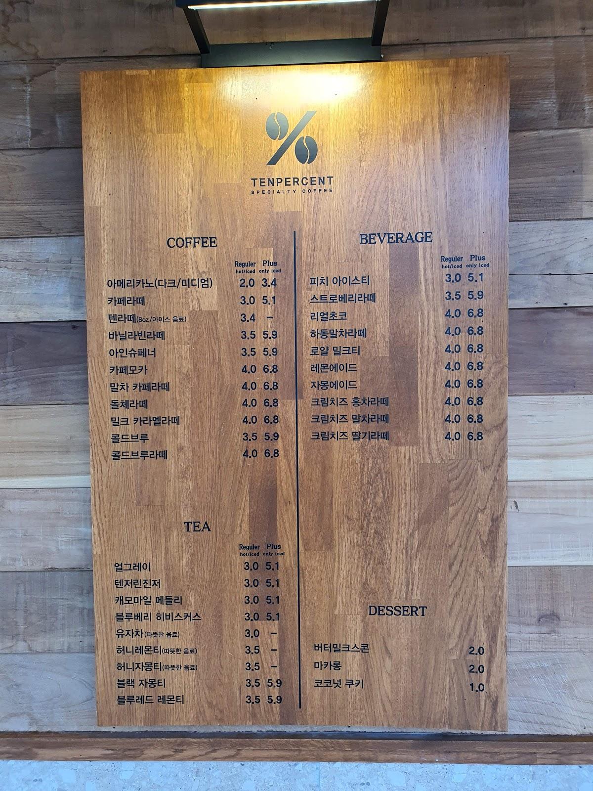 Menu at Ten percent Coffee, Busan, 428 Haeundaero