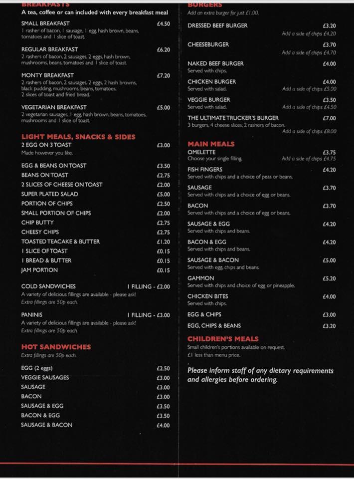 Menu at Caenby Corner Transport Cafe, England, Caenby Corner