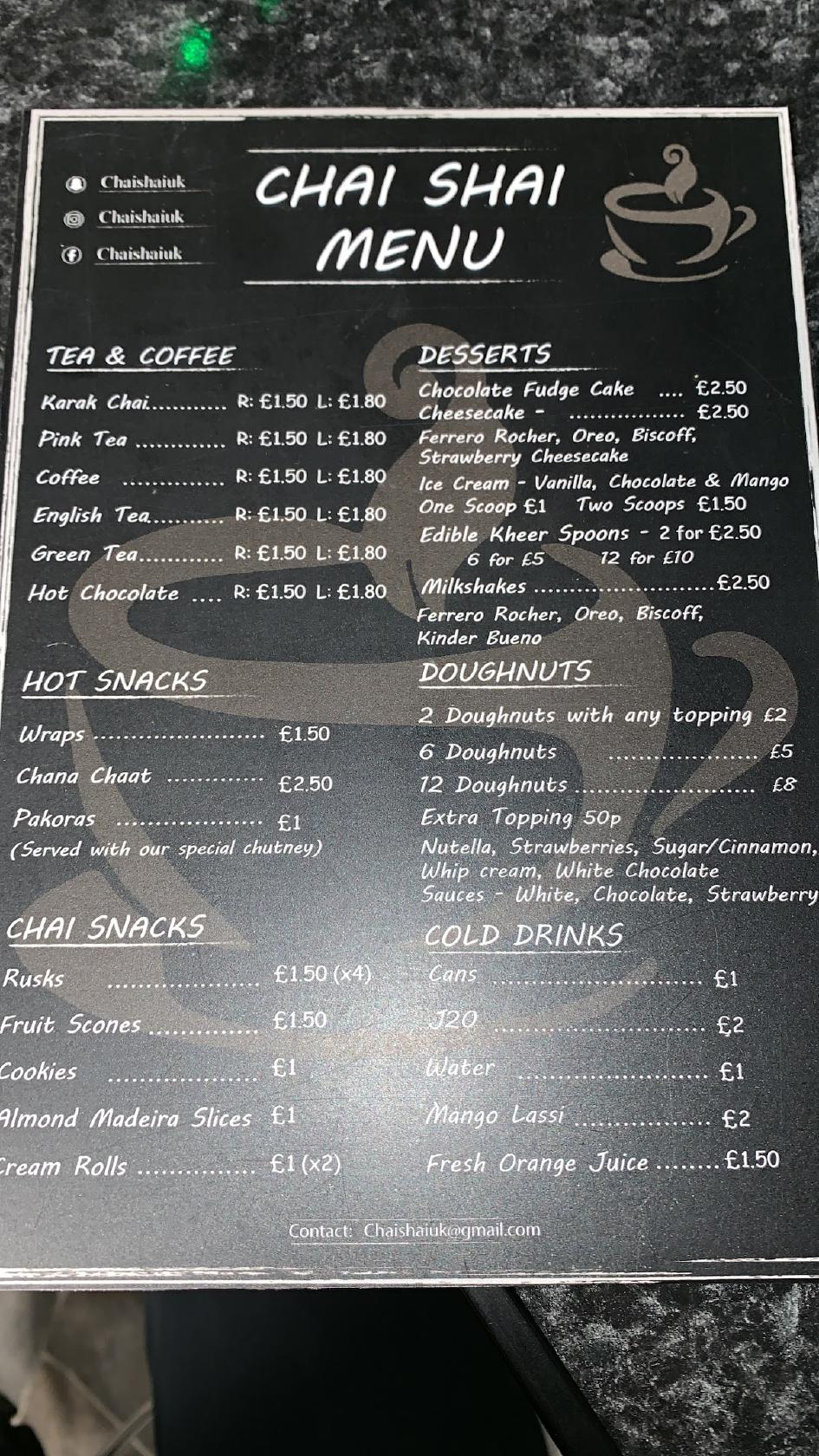 Menu at Chai Shai cafe, Batley