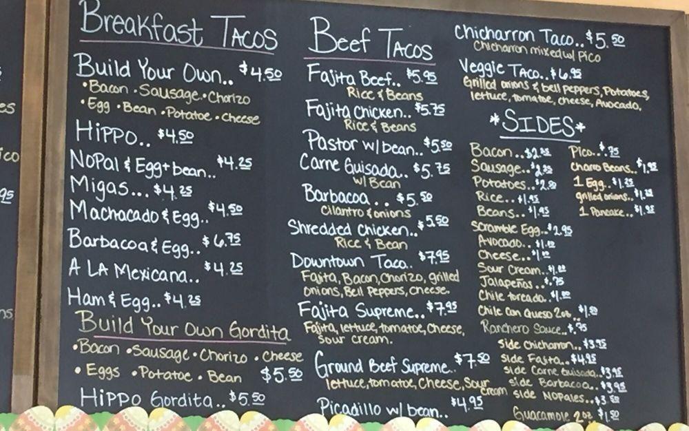 Menu at Downtown Tacos restaurant, Lake Jackson