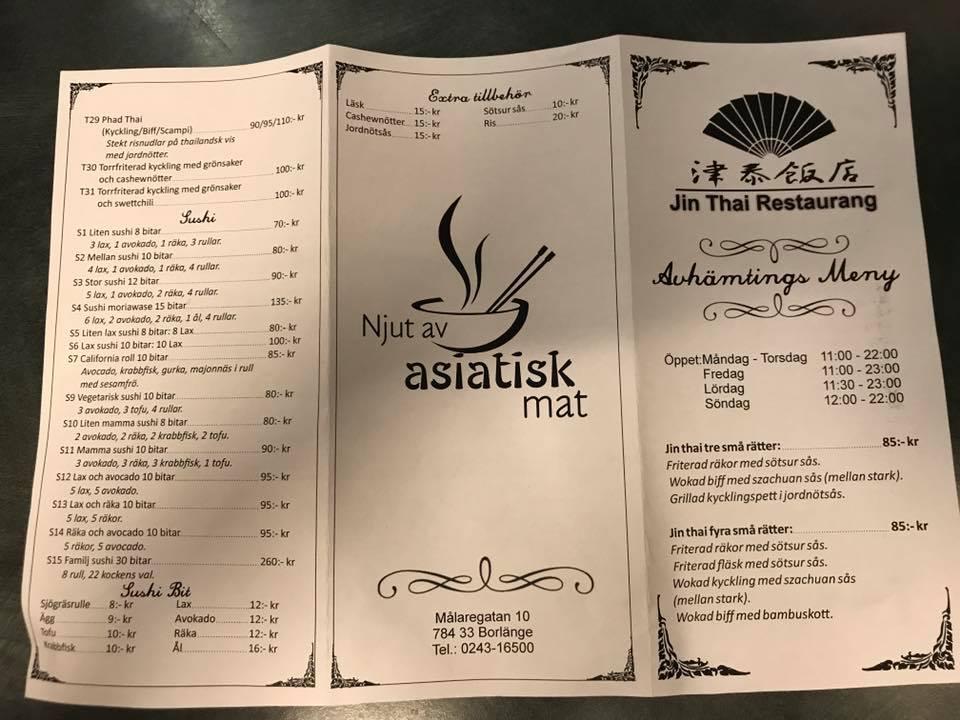 Menu at Jin Thai restaurant Borlänge