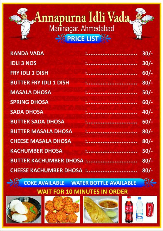 Annapurna idli corner menu