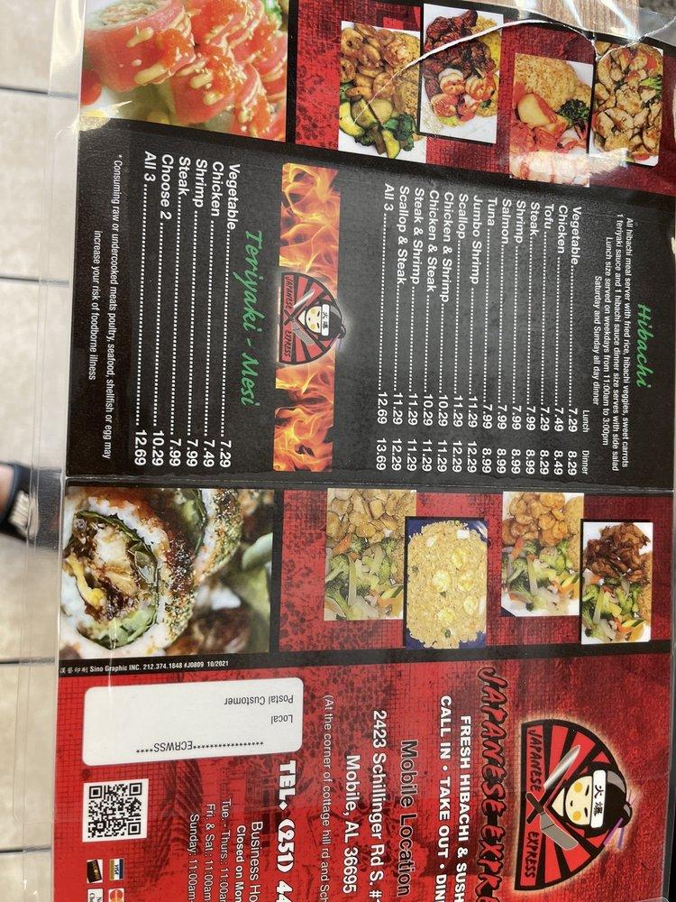 Menu at Japanese Express restaurant, Mobile, Schillinger Rd S