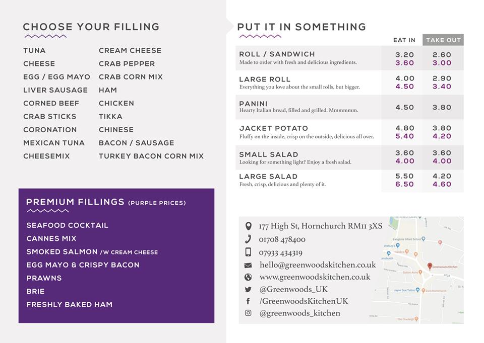 Menu at Greenwoods Kitchen cafe, Hornchurch