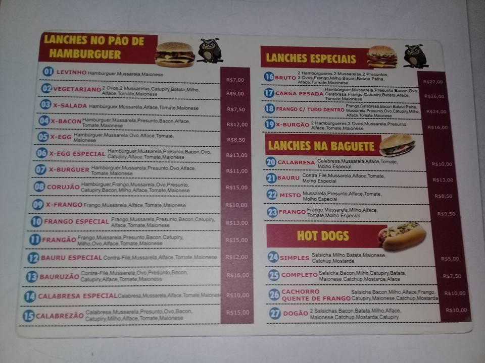 Corujão Lanches cardápio
