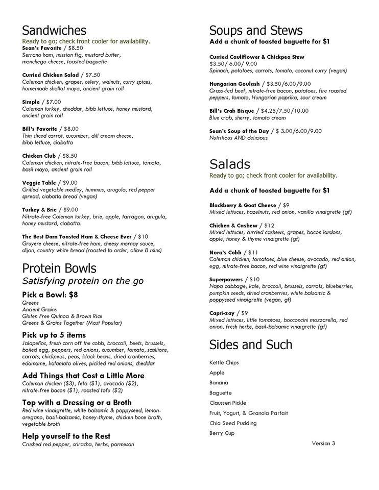 Menu at Nora's restaurant, Oswego