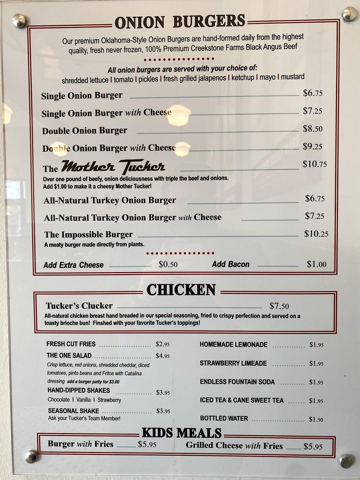Menu at Tucker's Onion Burgers restaurant, Oklahoma City, 324 NW 23rd St