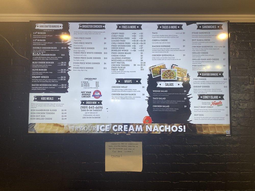 Menu at Malt Shop restaurant, Chesaning