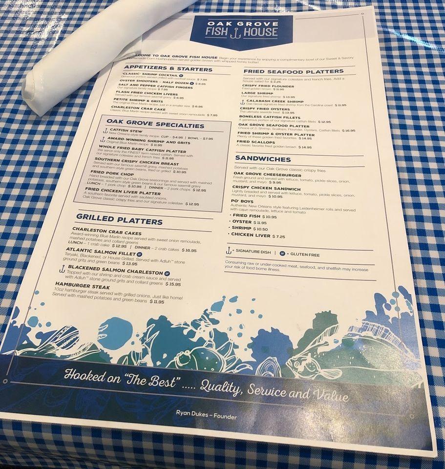 Menu at Oak Grove Fish House restaurant, Lexington