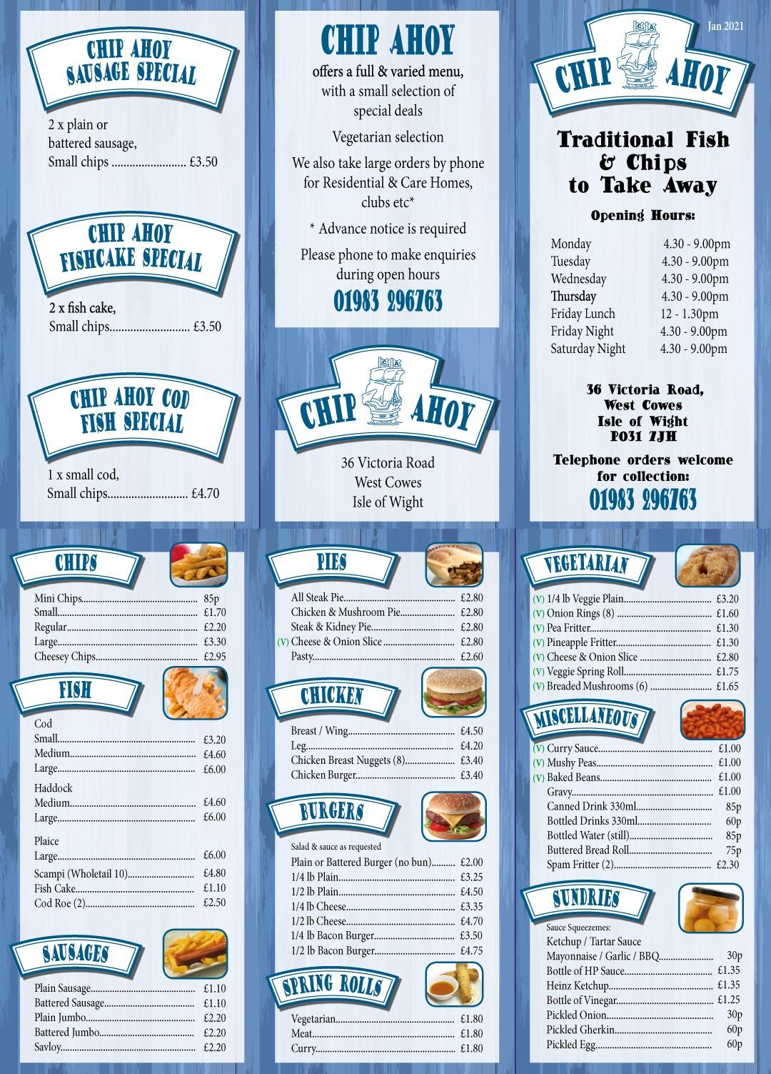 Menu at Chip Ahoy fast food, Cowes