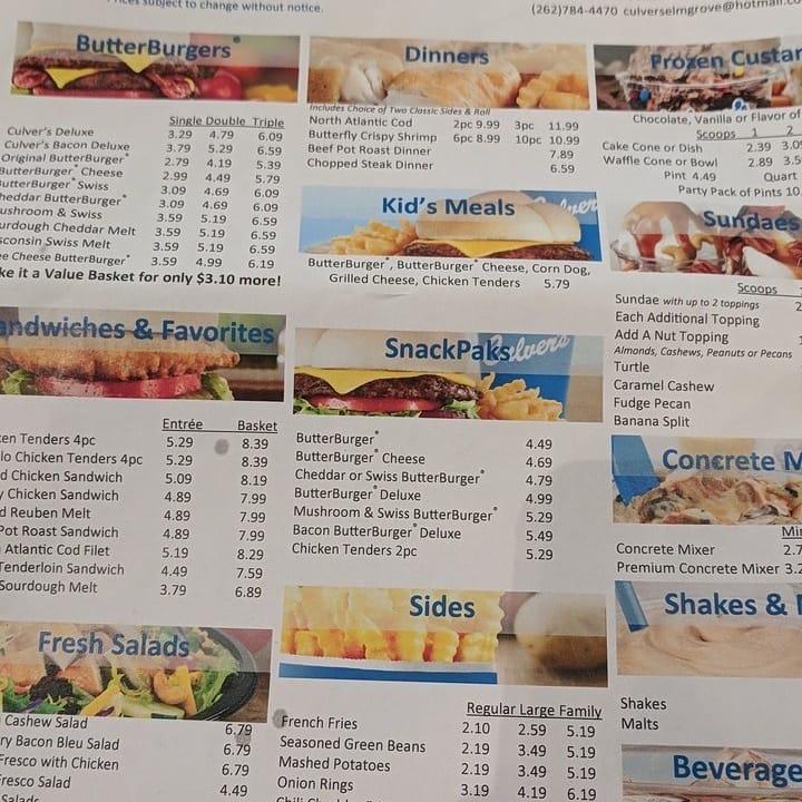 Menu at Culver’s fast food, Elm Grove