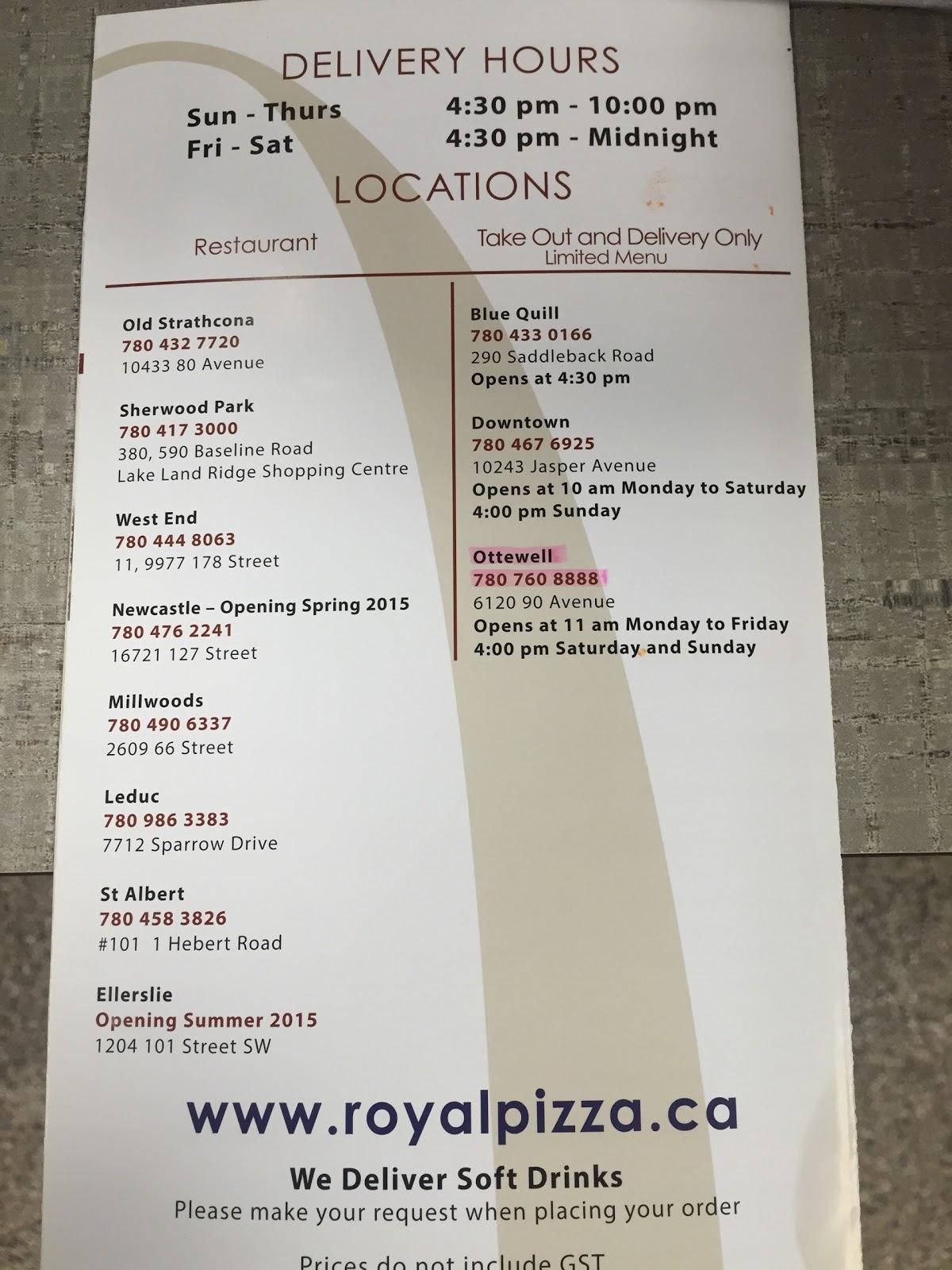 Menu at Royal Pizza restaurant, Edmonton, 90 Ave NW